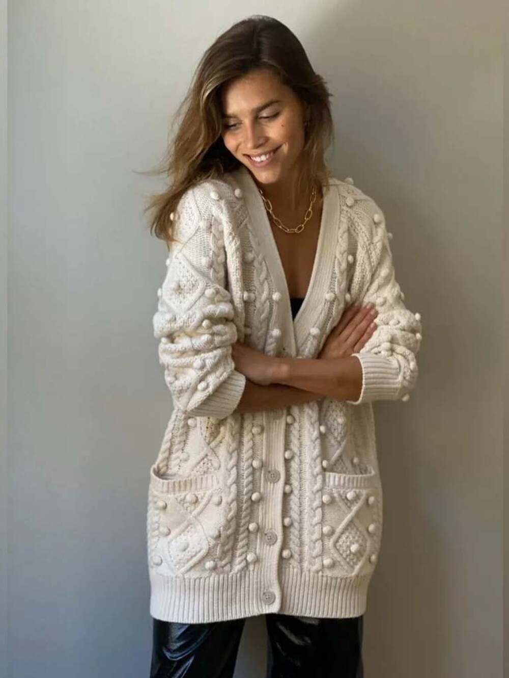Aritzia Wilfred Alps Cream Heavy Cable Knit Pom Pom Cardigan Sweater -  M EUC